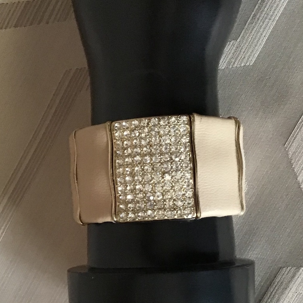 Stunning metal bracelet with snakeskin type fabric; beaded detail&  gold accent